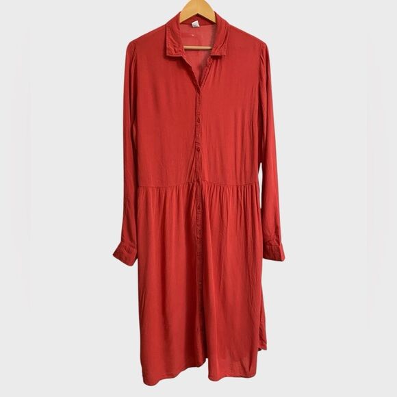 Old Navy Button Front Midi Shirt Dress Size L Crepe Seamed Waist Long Sleeves - Picture 3 of 15